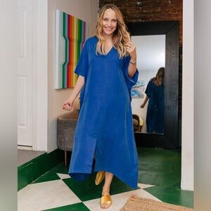 Blue V-Neck Maxi Dress Flowy Boho Summer Sun Dress Size M